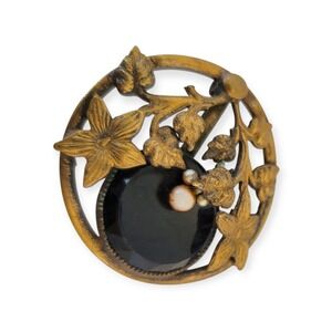 Antique VTG C Clasp Black Glass Rhinestone Brooch Art Nouveau Pin Floral Flowers